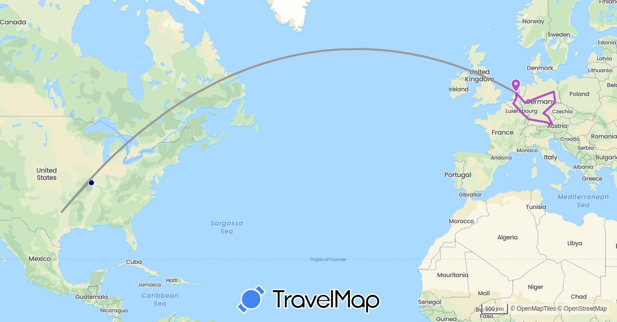 TravelMap itinerary: driving, plane, train in Austria, Belgium, Germany, France, Luxembourg, Netherlands, United States (Europe, North America)